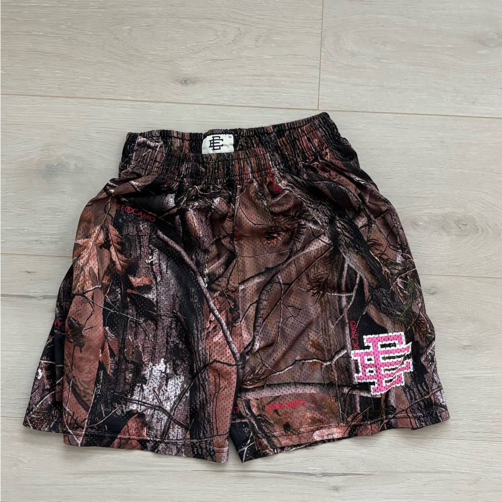 EE camo mesh shorts.